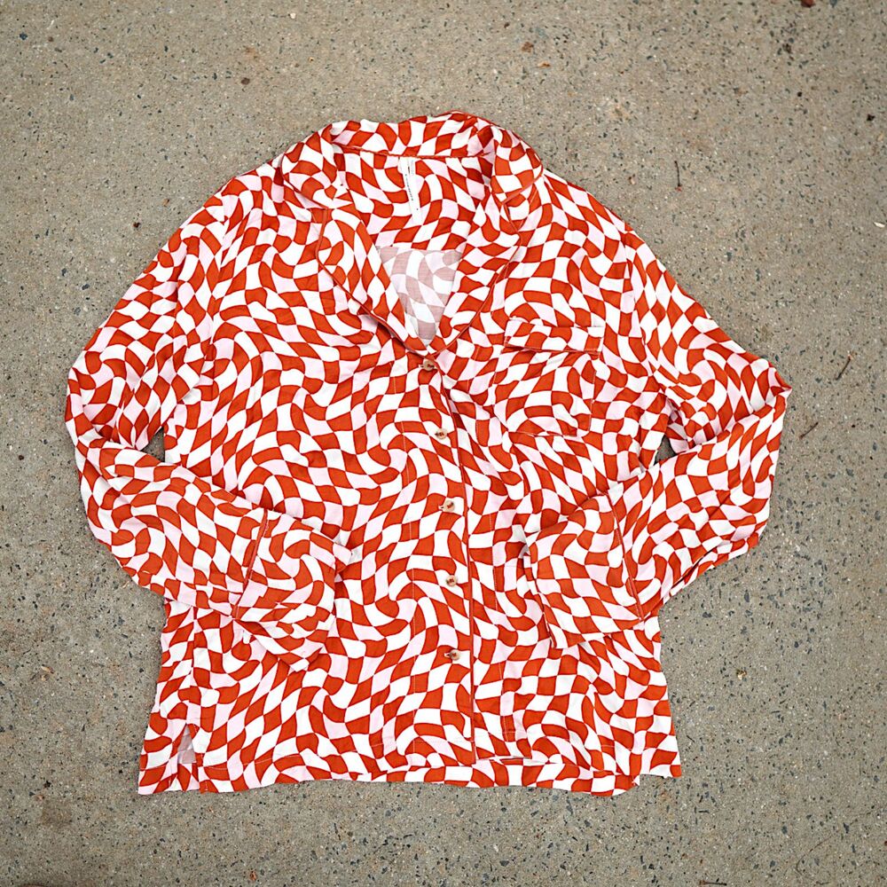 Anthropologie Retro Mod Print Button Up Blouse Orange White V Neck M